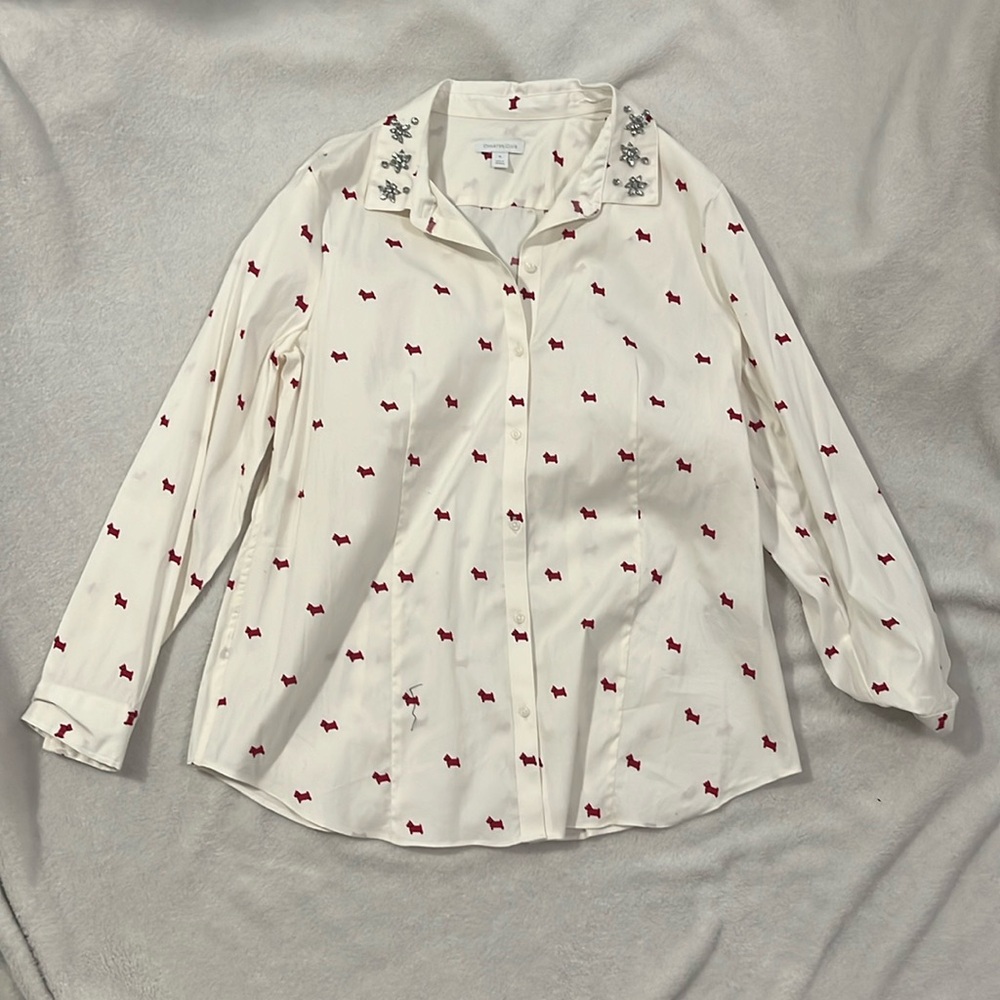 Charter Club red and white dog print collared shirt with rhinestones